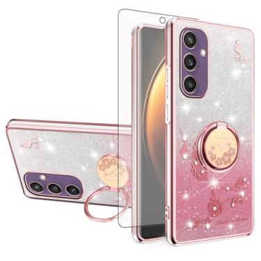 Imagem de Asuwish Capa de telefone para Samsung Galaxy S25 5G com protetor de tela de vidro temperado suporte de anel com glitter transparente híbrido à prova de choque TPU capa protetora S 25 25S SM-S931U