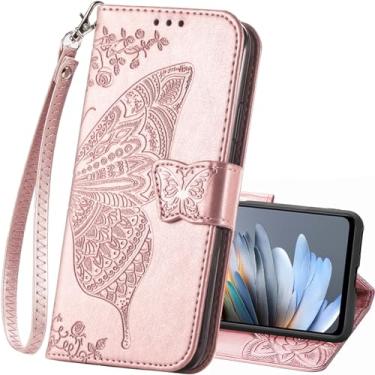 Imagem de Capa carteira para T-Mobile REVVL 8 5G, carteira de couro PU flip capa protetora para celular alça de pulso compartimentos para cartão bolso em relevo borboleta flor suporte capa para T-Mobile REVVL 8