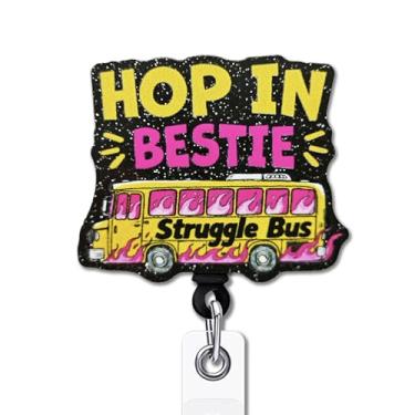 Imagem de YAZMEEN Engraçado Struggle Bus Badge Reel Gifts - Hop in Bestie - Porta-crachá retrátil com clipe jacaré - Suporte de cartão de identificação acrílico com glitter preto - Presentes para enfermeira RN