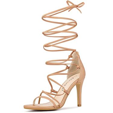 Imagem de Allegra K Sandálias femininas de salto agulha com tiras e cadarço, Nude., 38