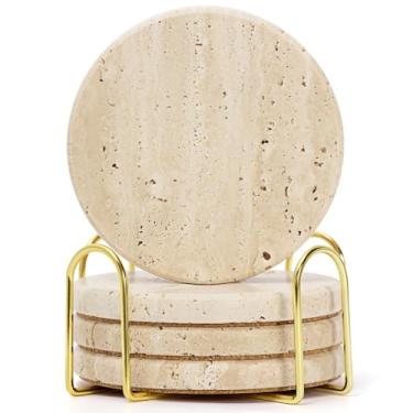 Imagem de YONGHEE Conjunto de 4 porta-copos de travertino com suporte, porta-copos rústicos de mármore bege para decoração de mesa de café, porta-copos absorvente de pedra natural porosa redonda de 10 cm