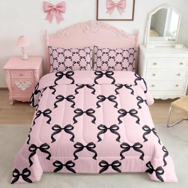 Imagem de Manfei Conjunto de edredom com laço preto, tamanho solteiro, estilo princesa, gravata borboleta, rosa e preto, 2 peças, para meninos e meninas, edredom com laço cruzado de conto de fadas, 1 fronha