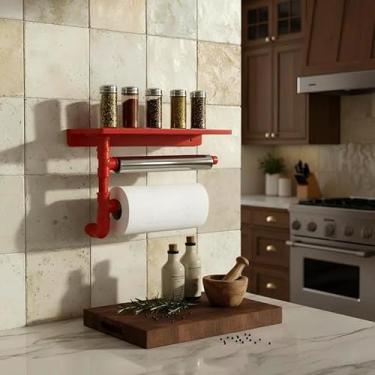 Imagem de Suporte de Parede Porta Papel Toalhas e Prateleira para Temperos Cozinha Vermelho Laca