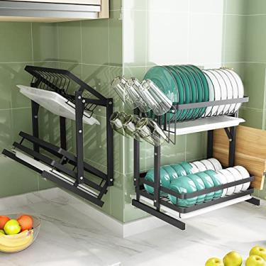 Imagem de Escorredor de pratos de cozinha dobrável, escorredor de pratos com bandeja coletora, escorredor de pratos de aço inoxidável, suporte de tábua de corte, escorredor de pratos à prova de ferrugem para