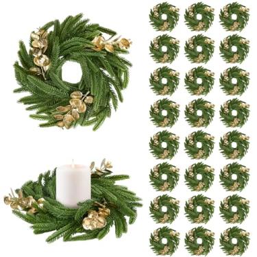 Imagem de 24 peças de anéis de vela de Natal guirlanda de pinheiro norfolk guirlanda de folhas de ouro guirlanda de 23 cm exterior artificial dourado guirlanda de pinheiro suporte de vela para Natal, casamento