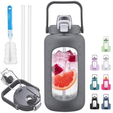 Imagem de HYDRAGLAZIC Parafusos de água de vidro de 2,041 g com canudo, bico e tampa 2 em 1, garrafa de água de meio galão com marcador de tempo e manga de silicone, garrafa de água esportiva sem BPA para