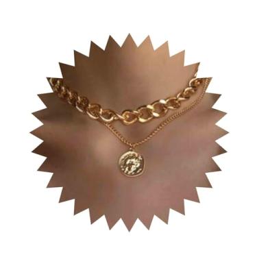 Imagem de Aneneiceera Colar Boho em camadas de moeda, retrato dourado, pingente de cartão redondo, corrente grossa simples, colares gargantilhas, acessórios punk para mulheres e meninas, Metal, Sem Pedra