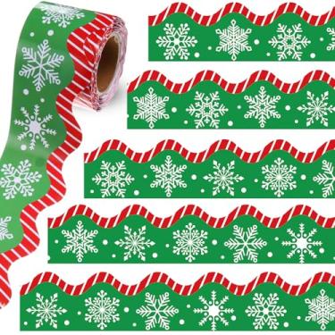 Imagem de Fuutreo Bordas de quadro de avisos de floco de neve de Natal de 10 metros Happy Green Red White Snowflake Die Cut Board Trim Chalkboard Wall Decor for Elementary School Classroom Home Door Xmas Party