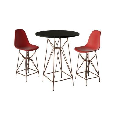 Imagem de Jogo Mesa Bistrô Eames Preta 60Cm 2 Banquetas Vermelha Base Ferro Cobre - Cor: Preto