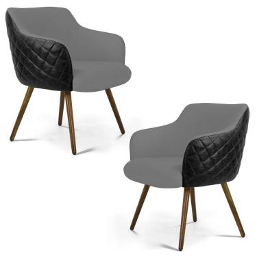 Imagem de Kit 02 Poltronas Decorativas Jade Pés Palito Madeira C-416 Corano Tressê Linho Cinza Escuro - Domi