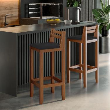 Imagem de Conjunto 2 Banquetas Em Madeira Maciça Ibiza Balcão 98 Cm Com Encosto - Malbec Assento Preto