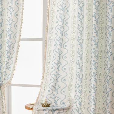 Imagem de TIVNICO Cortinas Boho com Estampa Azul Verde para Sala de Estar 213 cm de Comprimento, Privacidade Floral Quinta Quarto Cortinas 2 Painéis, Cortinas de Cozinha com Impressão de Filtro de Luz de Linho
