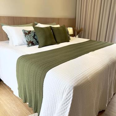 Imagem de Kit peseira manta trico cama casal queen king para sofá com 2 almofadas decorativa cama posta (Verde Militar, King)