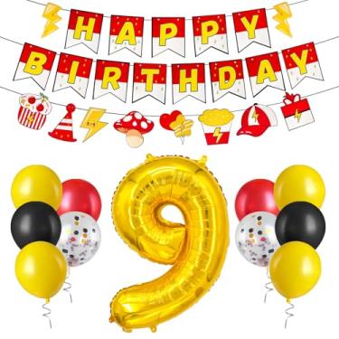 Imagem de Zailo Balão grande com número dourado de 81 cm, balão vermelho e amarelo desenho animado vermelho, branco e amarelo, faixa de festa de feliz aniversário, espaçamento ajustável, extragrosso, guirlanda