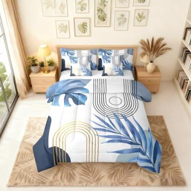 Imagem de Erosebridal Conjunto de cama king size boêmio de meados do século azul, 7 peças, conjunto de edredom minimalista abstrato com lençóis, geométrico moderno, simples, arco em uma bolsa, folha de palmeira