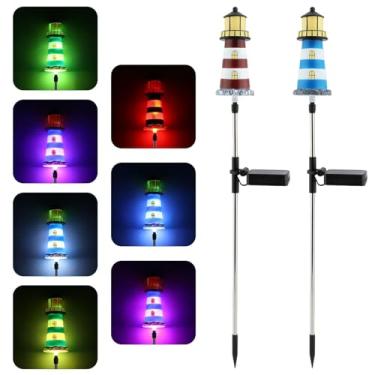 Imagem de Restynic Lighthouse Lâmpada de jardim movida a energia solar 2 unidades, luz IP65 à prova d'água para ambientes externos com 7 modos de mudança de cor para jardins, varandas, terraços, acampamento e