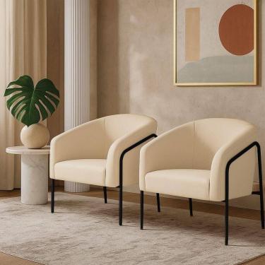 Imagem de Poltrona Sala Industrial Alta Preto Kit 2 Stella Suede D03 - D`rossi Cor Bege