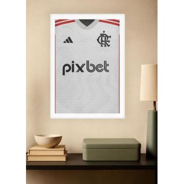 Imagem de Quadro Camisa Flamengo 2023 com Vidro e Moldura Branca Tamanho:21cm x 
