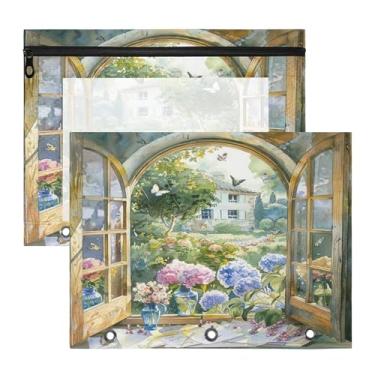 Imagem de SEHANY Pasta de lápis de flores de jardim com 3 anéis - bolsa de documentos com zíper tamanho A4 com janela transparente para sala de aula, escritório, 2 peças