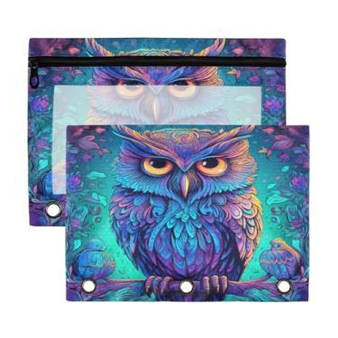 Imagem de Blueangle Bolsa de lápis de coruja neon para fichário de 3 anéis, pacote com 2 bolsas de lápis com janela transparente com zíper para escritório (328)