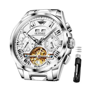 Imagem de OUPINKE Relógio masculino automático mecânico esqueleto luxuoso relógio social masculino aço tungstênio à prova d'água luminoso calendário relógio de pulso, Prateado, branco
