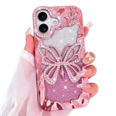 Imagem de Bonoma Capa com glitter para iPhone 17 linda 3D diamante borboleta gradiente chapeamento padrão capa, proteção de câmera de strass de luxo, capa traseira macia brilhante fina para mulheres meninas