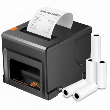 Imagem de Impressora receipta de 80 mm, pontas Bluetooth com máquina de corte automático, 300 mm / S impressora de cozinha de restaurante térmico USB, papel de 5 rolos, laranja preto