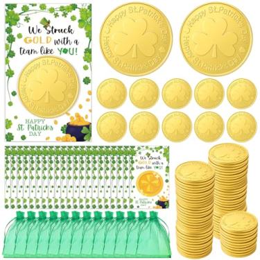 Imagem de Seenelling 50 Set Happy St. Patrick's Day Coins Gifts Set Employee Appreciation Gifts Bulk Shamrock Plastic Gold Coin Decorative with Card St. Patrick's Day Party Favors for Friends Office Coworkers