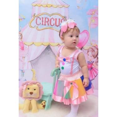 Imagem de Fantasia Palhacinha Circo Infantil Tutu Arco-Íris, Saia Multicores em Tule com Laço Rosa, collant Decorado com Botões Coloridos para aniversários e eventos escolar Tam PP - 4 anos