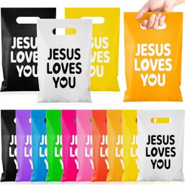 Imagem de Kolldenn 200 peças de sacos de presente cristão a granel Jesus Loves You religioso batismo sacos de presente de plástico com alças versículo bíblico colorido doces para Jesus aniversário Ação de