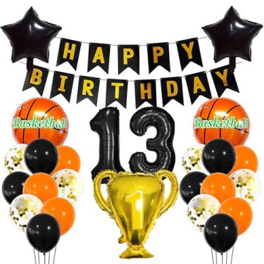 Imagem de Balão esportivo preto de 13 anos, decoração esportiva de 13 anos, 13 anos, troféu de basquete, 13 balões, tema esportivo de basquete dourado, decoração de festa para crianças, meninos, decoração de