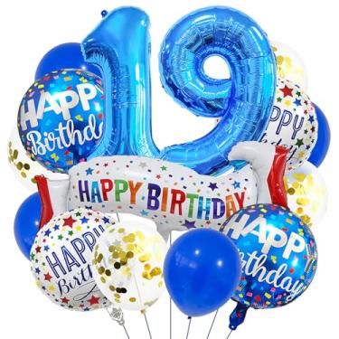 Imagem de Balões azuis número 19. Balões de alumínio grandes de aniversário azul escuro, balões coloridos de 19 anos para decoração de festa de aniversário de 19 anos para meninos de 19 anos (azul 19)