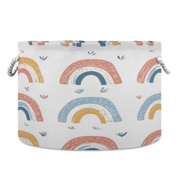 Imagem de JUZIHAI Cesto de armazenamento grande de desenho animado arco-íris, cesto de roupa suja dobrável à prova d'água com alças de corda de algodão para organização doméstica no quarto, banheiro e carro
