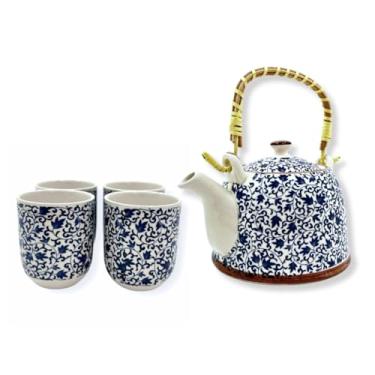 Imagem de Jogo de Chá com Bule de Porcelana 900ml com Infusor e 4 Copos 150ml | Kit Café Tokyo 30a(2 - Branca com Flores Azuis)