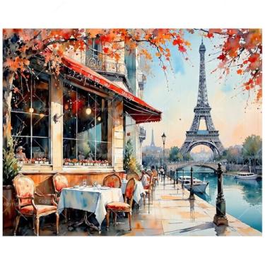 Imagem de Riverside Paint by Numbers Kit para adultos – DIY Paris View and Lakeside Restaurants Painting on Canvas 40 x 50 cm, conjunto de tinta acrílica, adequado para iniciantes, arte para decoração de casa