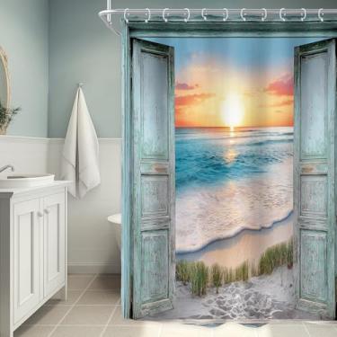 Imagem de Riyidecor Cortina de chuveiro de praia azul-petróleo extra longa para decoração de banheiro 72Wx96H porta de celeiro litoral náutico turquesa oceano arte rústica tecido impresso poliéster impermeável