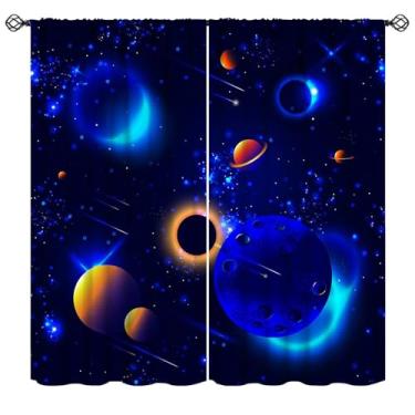 Imagem de Mchenxin Cortinas de espaço sideral, galáxia azul, sistema solar, estrelas, cometas, planetas, impressão para crianças, meninos, meninas, sala de jogos, sala de estar, 107 x 114 cm (sem apagão)