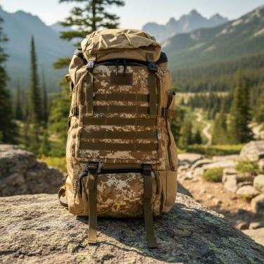 Imagem de Mochila Impermeável para Moto 70 Litros (Camuflada Bege)