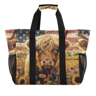 Imagem de ODAWA Bolsa de praia portátil resistente à água para mulheres, bandeira dos EUA Highland Cow, retrô, impermeável, bolsa de praia para piscina, Bandeira retrô Highland Cow EUA, One Size