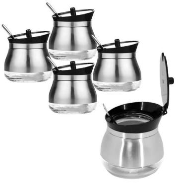 Imagem de Kit 4 Açucareiro Com Colher Revestido Aço Inox E Vidro Restaurante 300