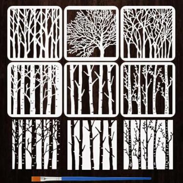 Imagem de FINGERINSPIRE 6 estilos de estênceis de padrão de tronco de bétula branca com um pincel 20 x 20 cm estênceis de pintura de galhos de árvore modelo de temas de plantas PET para pintura em móveis de