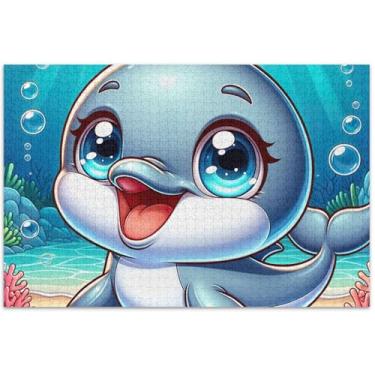 Imagem de Quebra-cabeça de desenho animado de golfinho fofo, 500 peças, brinquedo adulto, arte, natureza, quebra-cabeças, divertido, bobo, 51 x 35 cm