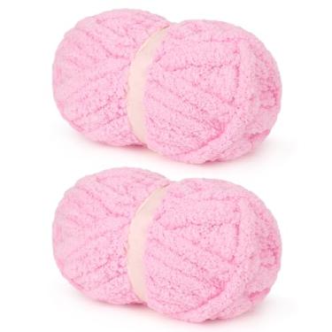 Imagem de Fio de chenille grosso rosa claro para tricô fácil de crochê, super volumoso macio de pelúcia quente e fofo para cobertores, fios de chenille grandes e grossos para iniciantes (2 peças, 28 jardas/227