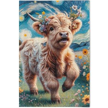 Imagem de Noite Estrelada Vaca Highland Cute Puzzle 500 Peças Adultos Tech Game Puzzle Presentes Paisagem Quebra-cabeça Arte Personalizada Brinquedo Pintura, 52 cm x 37,8 cm