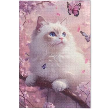 Imagem de Quebra-cabeças para adultos com flor de cerejeira de gato rosa personalizado 1000 peças de pintura de arte animal quebra-cabeças rígidos para adultos família amantes presentes, 75 cm x 50 cm