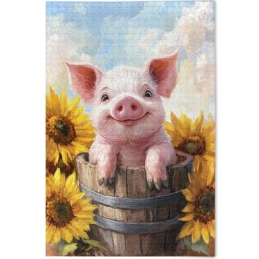 Imagem de Quebra-cabeça personalizado de porco fofo girassol 1000 quebra-cabeças para adultos, presentes para jogo de elefante branco, cenário de outono, cenário de arte animal, 75 x 50 cm