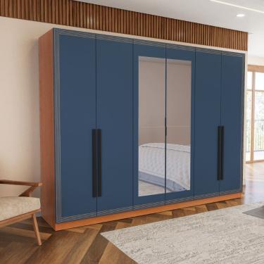 Imagem de Guarda Roupa Roupeiro 6 portas 4 gavetas com Espelho Valência Freijó Azul Politorno Móveis