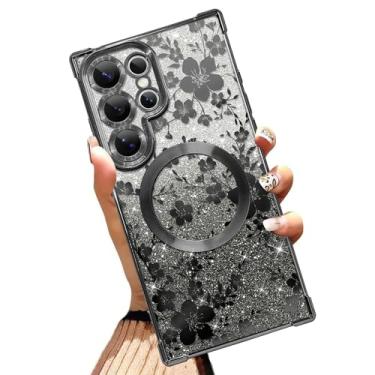 Imagem de Illians Capa magnética feita para Samsung Galaxy S24 Ultra 6,8 polegadas com glitter com design floral preto flor de cerejeira cantos reforçados TPU macio com cantos reforçados à prova de choque capa