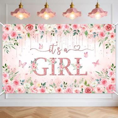 Imagem de Avezano Faixa de fundo para chá de bebê, decoração de chá de bebê, flores rosa, ouro rosa, faixa It's a Girl, floral, revelação de gênero, adereços para cabine fotográfica (1,8 x 1,1 m)