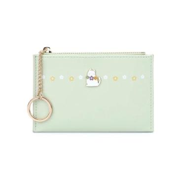 Imagem de Carteira feminina de poliuretano verde, fina, minimalista, com bloqueio de RFID, gato fofo com zíper, grande capacidade, cartão de crédito fino